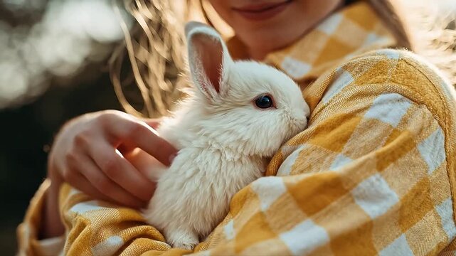 Person holding a white rabbit