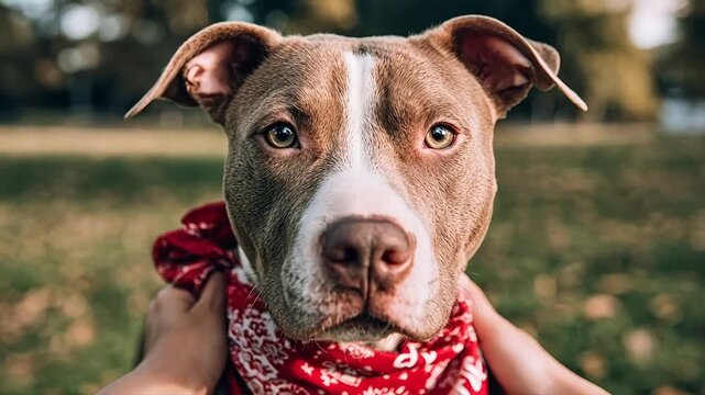 Closeup of a dog wearing a red bandana