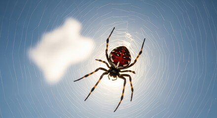 Intricate arachnid, red-spotted orb weaver in a sunlit web against blue, ethereal sky canvas