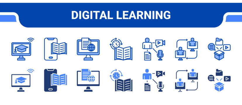 Digital Learning Icon Collection,  featuring Online Learning, Mobile Learning, Online Course, Synchronous, Multimedia, Interaction, Content.