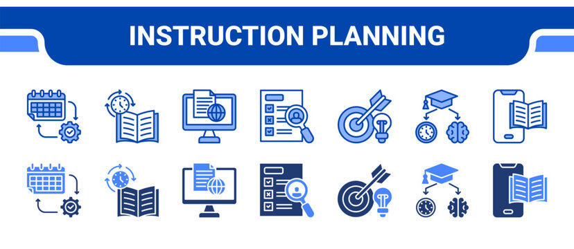 Instruction Planning Icon Collection,  featuring Schedule, Synchronous, Online Course, Assessment, Objective, Education, Mobile Learning.