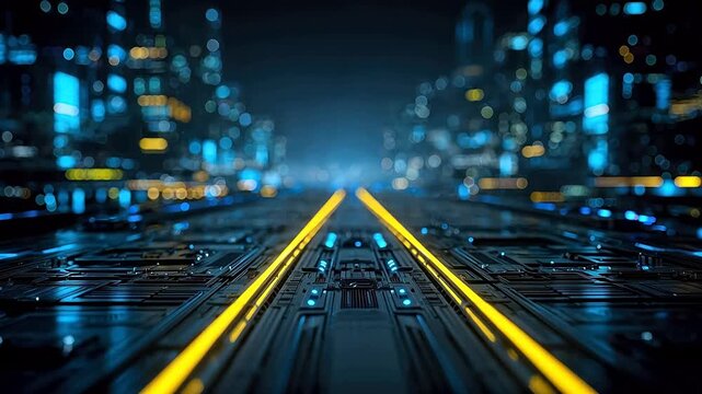 Futuristic cityscape with glowing circuit pathways