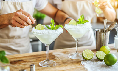 Couple of bartender preparing several refreshing summer cocktails mojito with ice, lime and mint leaves in glass against bar background. People making beverages indoors together.