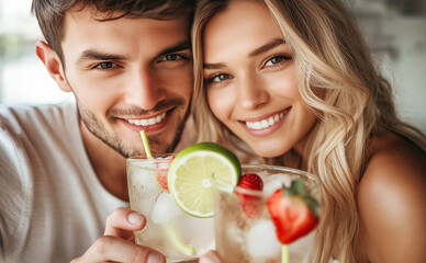 The young couple of woman and man drink refreshing summer cocktails mojito with ice, lime and strawberries in glass and have a good time together.