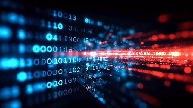 Digital binary code stream with glowing lights