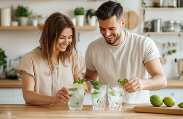 Couple of woman and man preparing refreshing several summer  cocktails mojito with ice, lime and mint leaves in glass against kitchen background. Two bartender making beverage indoor together.