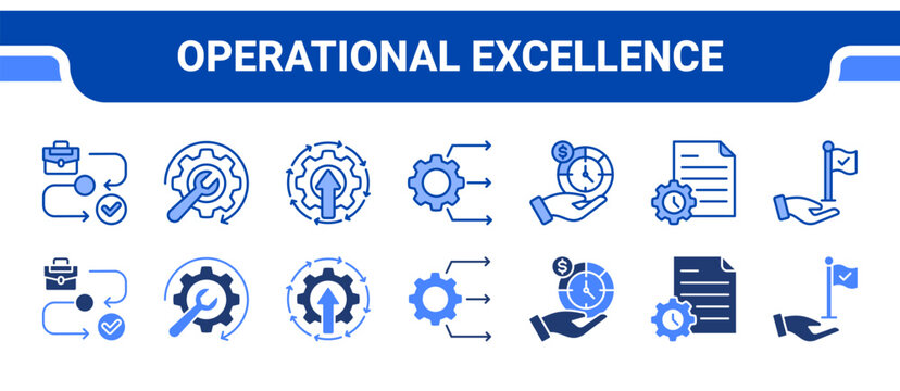 Operational Excellence Icon Collection,  featuring Workflow, Optimization, Continuous improvement, Resource allocation, Time allocation, Project management, Milestone.