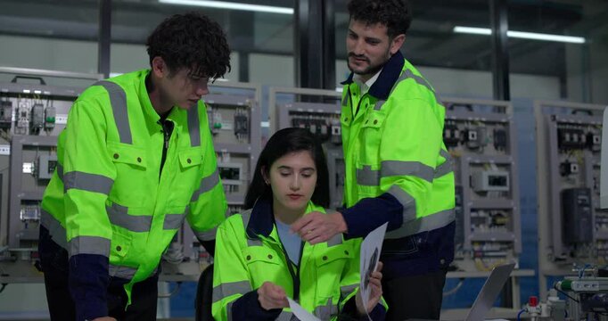 Robotic engineer in safety gear operates a control panel in an industrial setting, highlighting the integration of robotics and human expertise in modern manufacturing facility.
