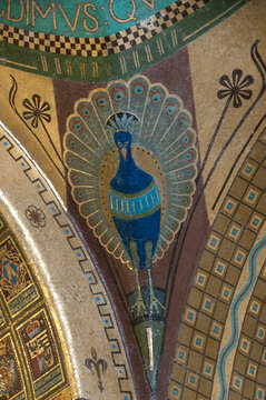 Italy, Frosinone, Cassino.  Mosaic peacock in the Crypt of the Cathedral in the abbey of Monte Cassino.  Destroyed by allied bombing in World War II, rebuilt with US money after the war.