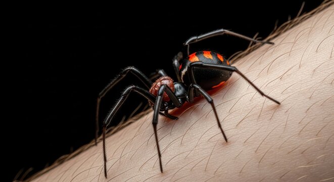 Venomous encounter: Redback spider posing a threat while walking on human skin danger