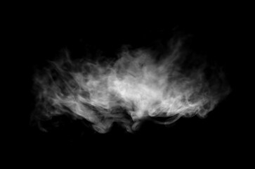 Obraz premium Vertical white smoke plume isolated on black background, realistic vapor or steam effect texture for design overlay, dramatic mist atmosphere, pollution concept and abstract fog element.