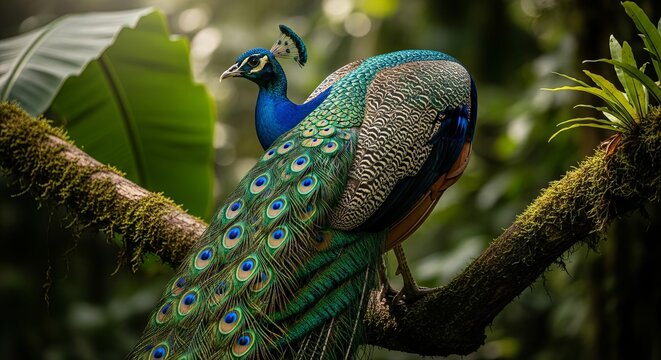 Peacock displaying its vibrant tail feathers in full fan, showing iridescent blue and green colors. A majestic bird known for its ornamental plumage and courtship display.