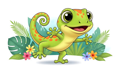 Obraz premium Cute green gecko character with orange spots standing in a tropical garden with colorful flowers and large leaves