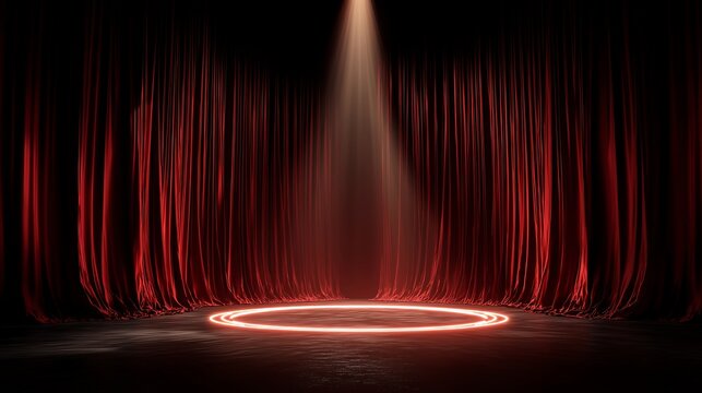 Dramatic Empty Stage Red Curtains Illuminated Ring