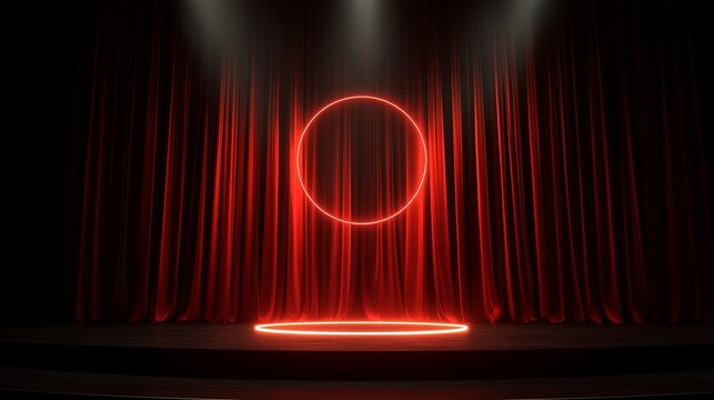 Dramatic Empty Stage Red Curtains Illuminated Ring