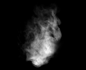 Vertical white smoke plume isolated on black background, realistic vapor or steam effect texture for design overlay, dramatic mist atmosphere, pollution concept and abstract fog element.