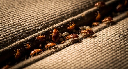 Close up of many Bed Bug insects and eggs hidden in fabric