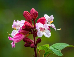 Close-up of delicate blossoms with a vibrant mix of pink and white hues, set against a soft green backdrop