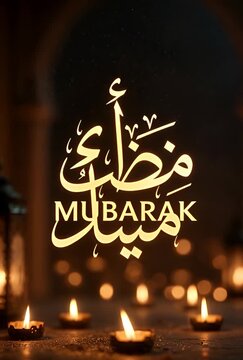 Ramadan Mubarak greeting with lit candles in a dark room with Arabic calligraphy