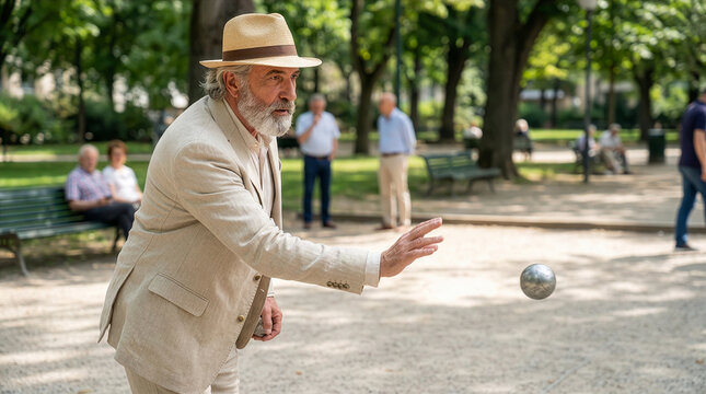 Stylish senior man playing a game of petanque in a sunny park