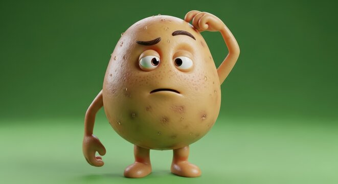 Rendered cartoon potato character scratching head in puzzlement on a green background