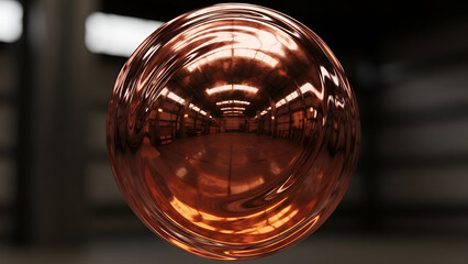 A polished copper sphere with distorted reflections presents a captivating display of light and form on its vibrant metallic surface.