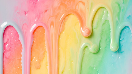 A vibrant and playful image captures pastel rainbow colors dripping downwards, creating a cheerful, glossy, textured abstract background.