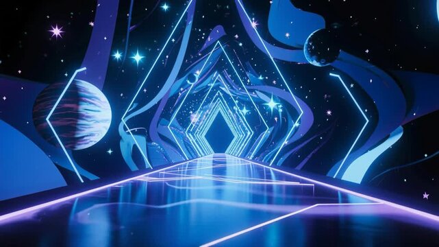 A futuristic blue vector design featuring a glowing digital space backdrop with bright stars and a flare of magic energy shining across a night sky