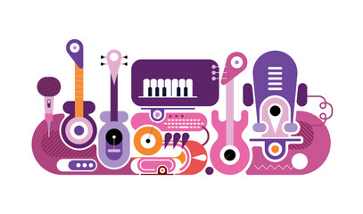A vibrant modern vector illustration featuring musical instruments including guitars, a keyboard and a microphone. Designed in a flat geometric style isolated on a white background.