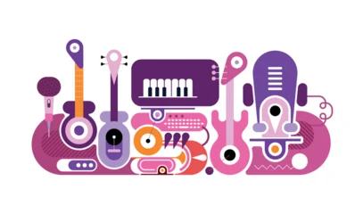 Gardinen Abstraktion Kunst A vibrant modern vector illustration featuring musical instruments including guitars, a keyboard and a microphone. Designed in a flat geometric style isolated on a white background.  ©  danjazzia
