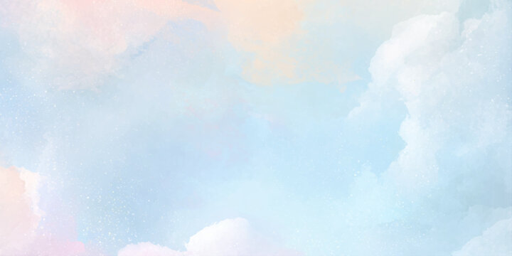 A soft and dreamy watercolor pastel sky is filled with fluffy white clouds creating a serene and peaceful atmosphere