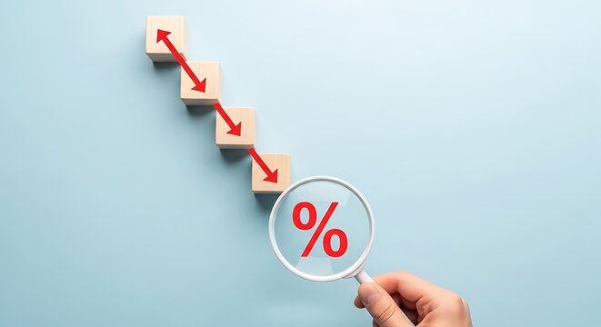 Interest rate decrease concept with magnifying glass and percentage symbol. Falling arrow on wooden blocks representing economic decline and lower inflation.