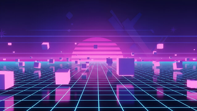 A vibrant retro-futuristic digital landscape features a glowing grid receding into the distance, with numerous scattered cubes and a prominent stylized sun under a starry sky.