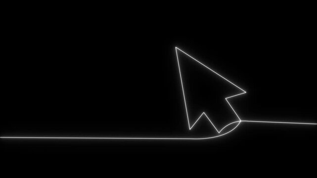 Neon line mouse cursor arrow on black background. Animated continuous one line drawing of a cursor arrow. Cursor. Mouse, pointer, click, button, website, user. Computer 4k animation video,