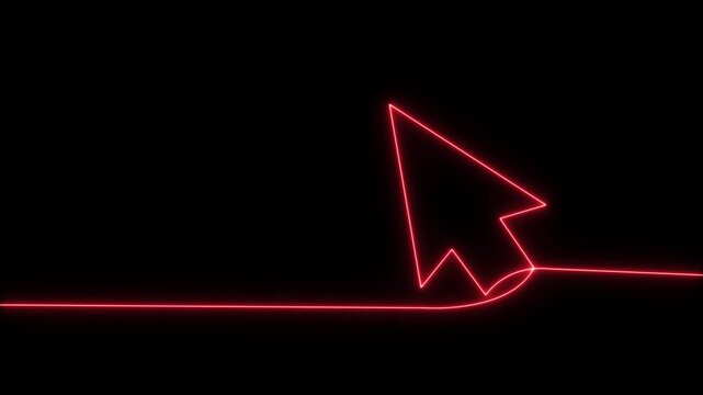 Neon line mouse cursor arrow on black background. Animated continuous one line drawing of a cursor arrow. Cursor. Mouse, pointer, click, button, website, user. Computer 4k animation video,