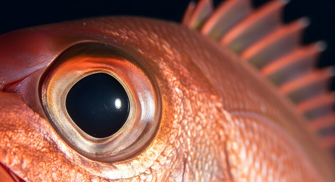 Closeup of Red Snapper Fish Eye and Dorsal Fin, Intricate Detail of Aquatic Wildlife, Marine Predator Biology
