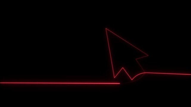 Neon line mouse cursor arrow on black background. Animated continuous one line drawing of a cursor arrow. Cursor. Mouse, pointer, click, button, website, user. Computer 4k animation video,
