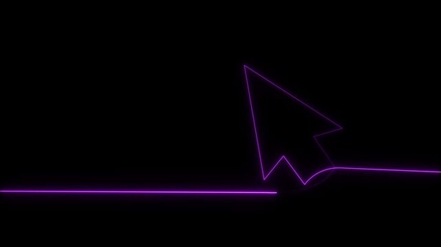 Neon line mouse cursor arrow on black background. Animated continuous one line drawing of a cursor arrow. Cursor. Mouse, pointer, click, button, website, user. Computer 4k animation video,