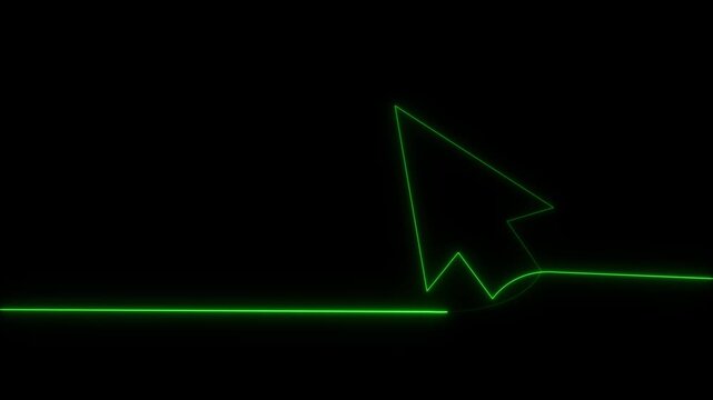 Neon line mouse cursor arrow on black background. Animated continuous one line drawing of a cursor arrow. Cursor. Mouse, pointer, click, button, website, user. Computer 4k animation video,