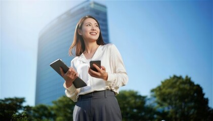 Fototapeta premium 高層ビル前でタブレットとスマートフォンを持ち見上げるビジネス女性