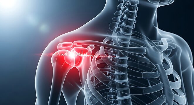 Conceptual illustration highlighting severe shoulder joint pain and inflammation within a translucent human torso x-ray anatomy view depicting bone stress