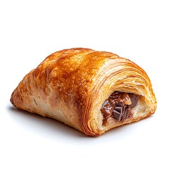 Chocolate Croissant on White Background with Flaky Layers and Melted Chocolate Filling
