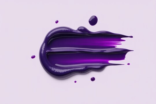 Vibrant purple paint swatch with droplets on a pale background stroke smear