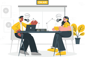 Two podcasters recording an episode in a studio with professional equipment and a live on air sign