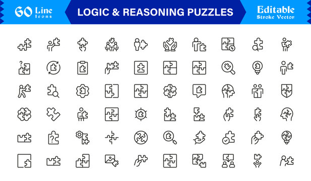 Logic And Reasoning Puzzles Professional Line Icon Set &ndash; Modern Minimal Outline Collection Featuring Brain Teasers, Smart Challenges, Thinking Symbols And Unique Concepts