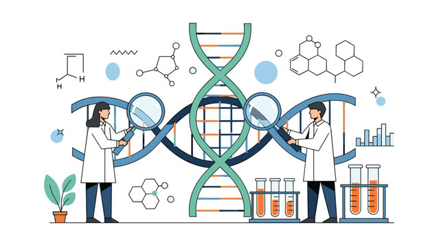 Research scientists examine a large DNA double helix structure using magnifying glasses to discover genetic information and medical breakthroughs.