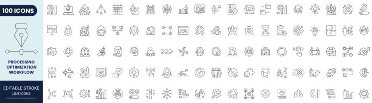 Processing, optimization, and workflow icon set in outline style. Collection of process flow, performance improvement, automation, system management. Editable stroke.