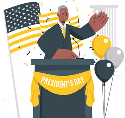 Man in suit giving speech at podium with American flag and balloons on President's Day celebration outdoors