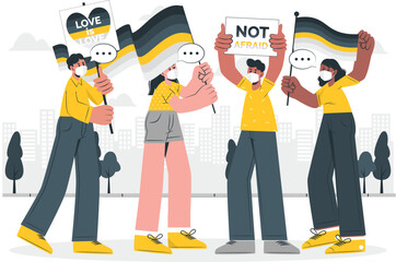 Group of people holding signs and flags in a cityscape protest scene from a neutral viewpoint