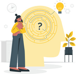 Thoughtful woman pondering solution to complex problem illustrated in a maze-like head silhouette indoors